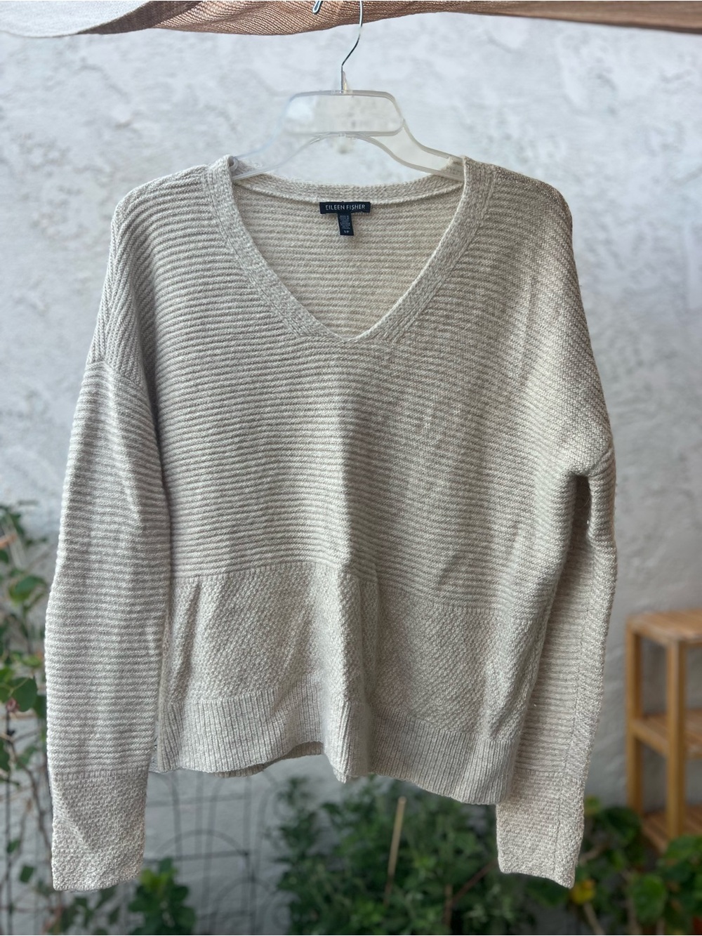 Eileen Fisher wool v-neck sweater in beige size small